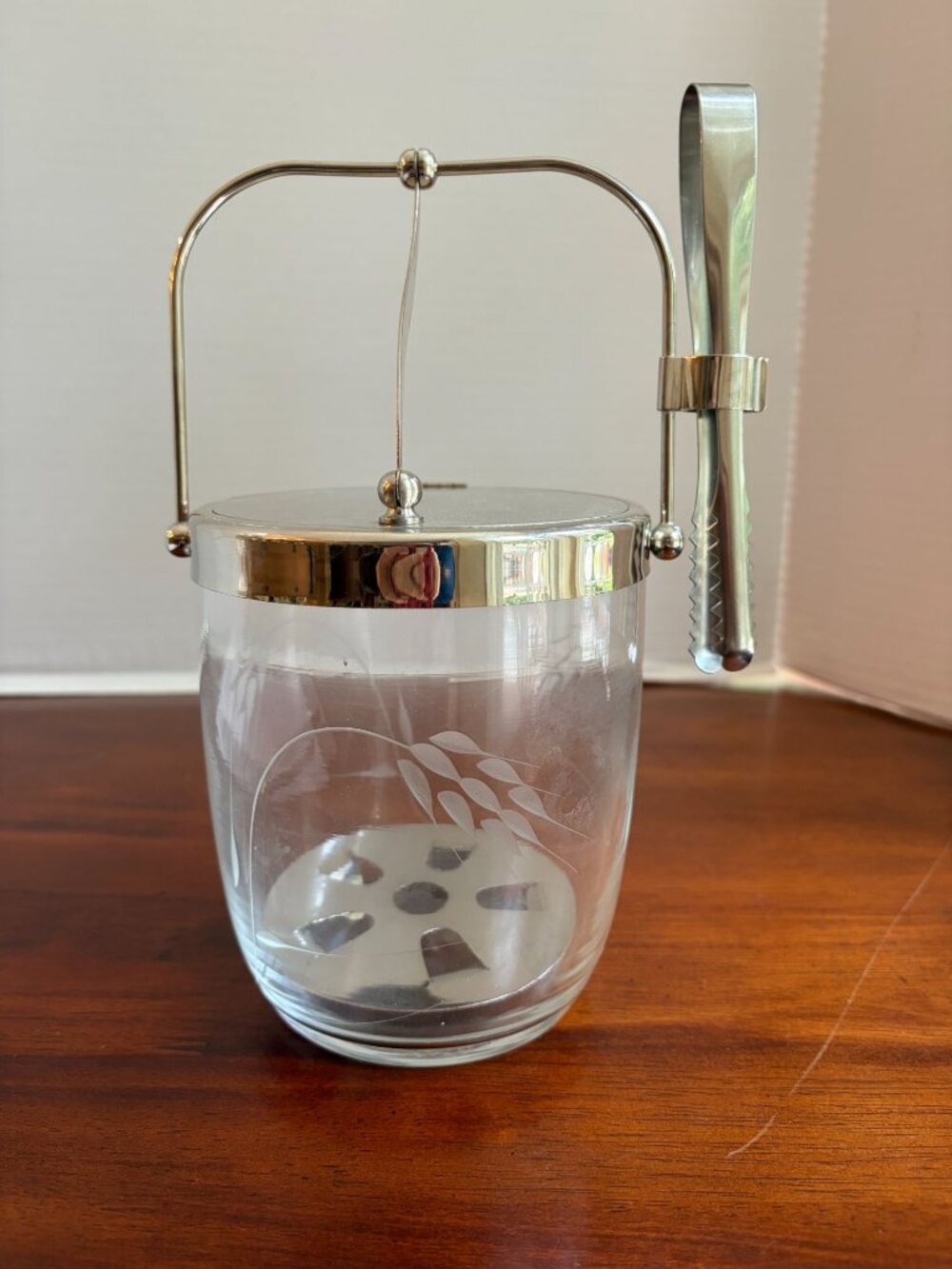 Vintage Sasaki Etched Glass Ice Bucket Small Metal Handle and Tongs